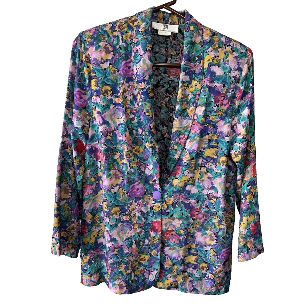 Illustrations Floral Multicolor Lined Button Long Sleeve Vintage Blazer 6P